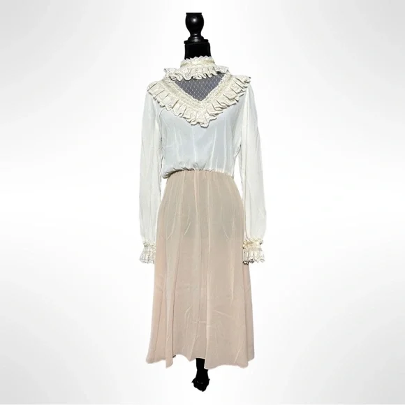 Amazing Vintage 70s Sheer Lace Collar Cuff Midi Dress Ruffle Lot 9/10 - Picture 1 of 4